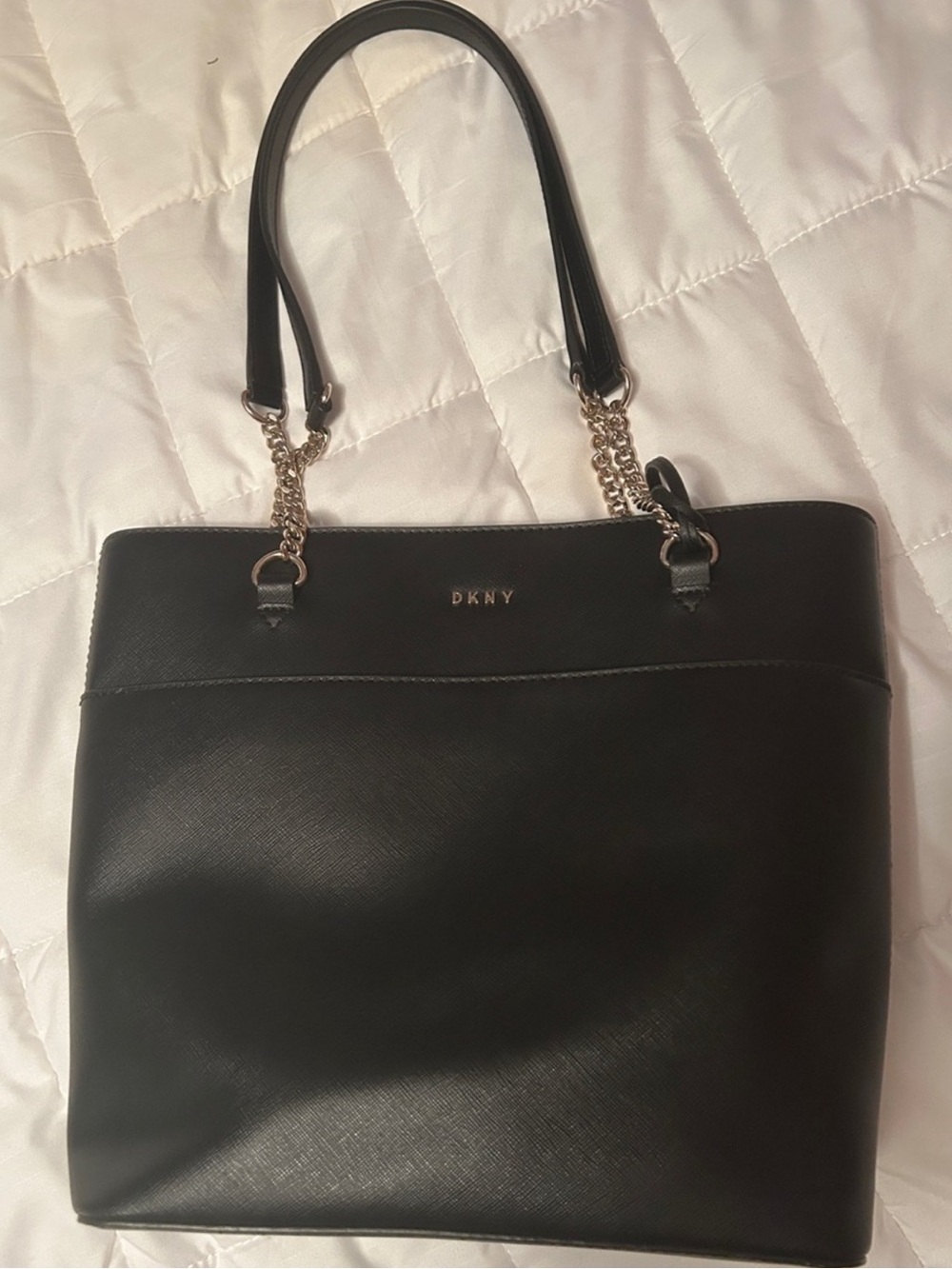 DKNY Black Leather Tote with Gold Chain Straps